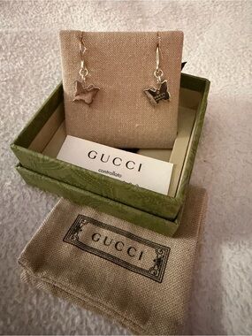 Gucci Butterfly Earrings Gold Tone Crystal GG Logo Stud Earrings